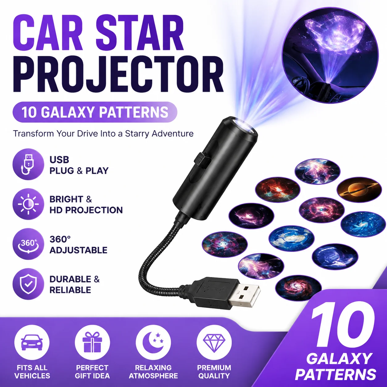 10 Patterns LED Car Star Projector Galaxy Light USB Plug & Play Galaxy Astronaut Moon Projection Lamp for Car Interior Bedroom