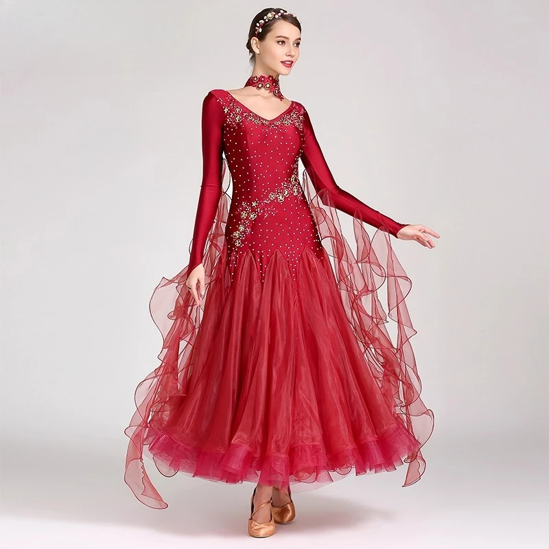 Robe de danse de salon pour femmes modernes, vêtements de danse modernes Standard, manches longues, Costumes de scène de valse incrustés de diamants