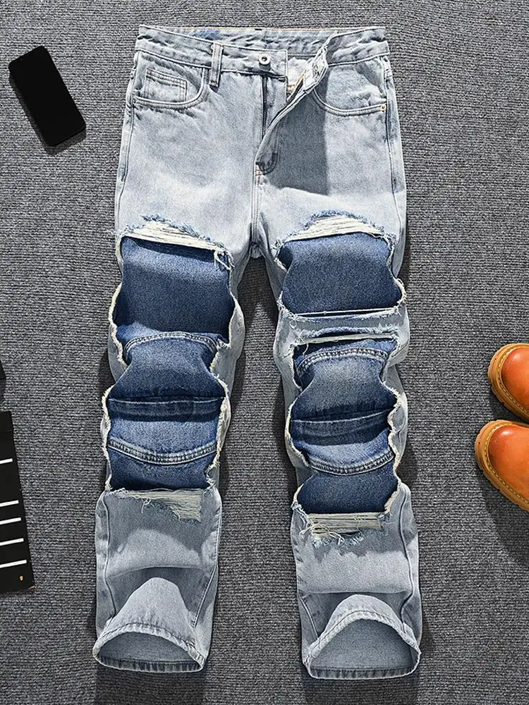 

European and American trendy high street retro distressed patch loose straight leg jeans men's patchwork design wide leg pants