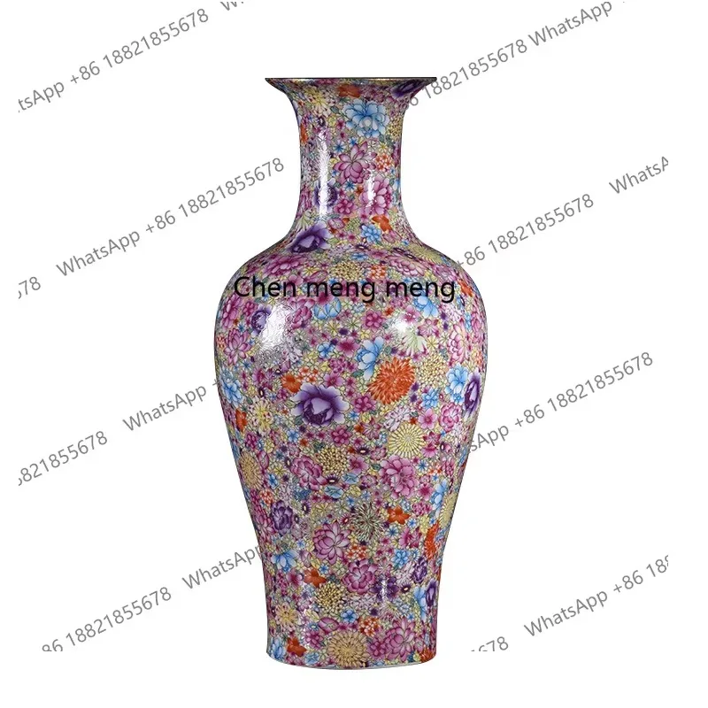 B06 Antique enamel color ten thousand flowers gold-painted fishtail bottle Chinese home living room floor vase decoration