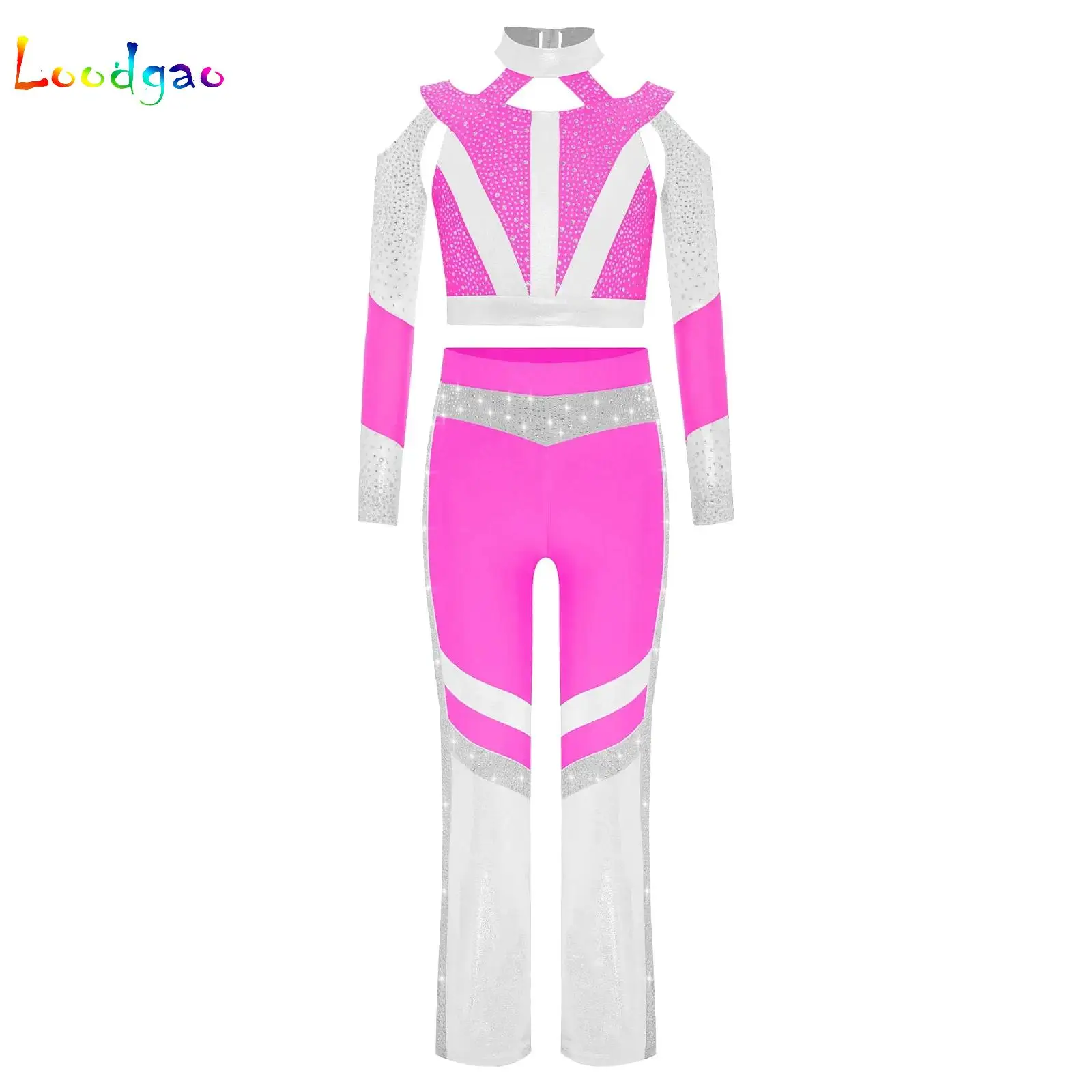 

Kids Girls Tracksuit Shiny Rhinestone Ballet Dance Set Crop Top with Flared Pants Outfit for Modern Lyrical Contemporary