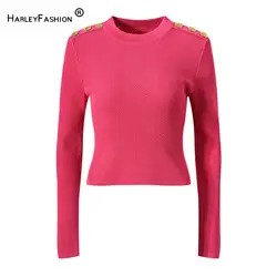 2024 Spring New Arrival Lady Round Collar Long Sleeve Women Shoulder Buttons Pullover Solid Knits Shirts