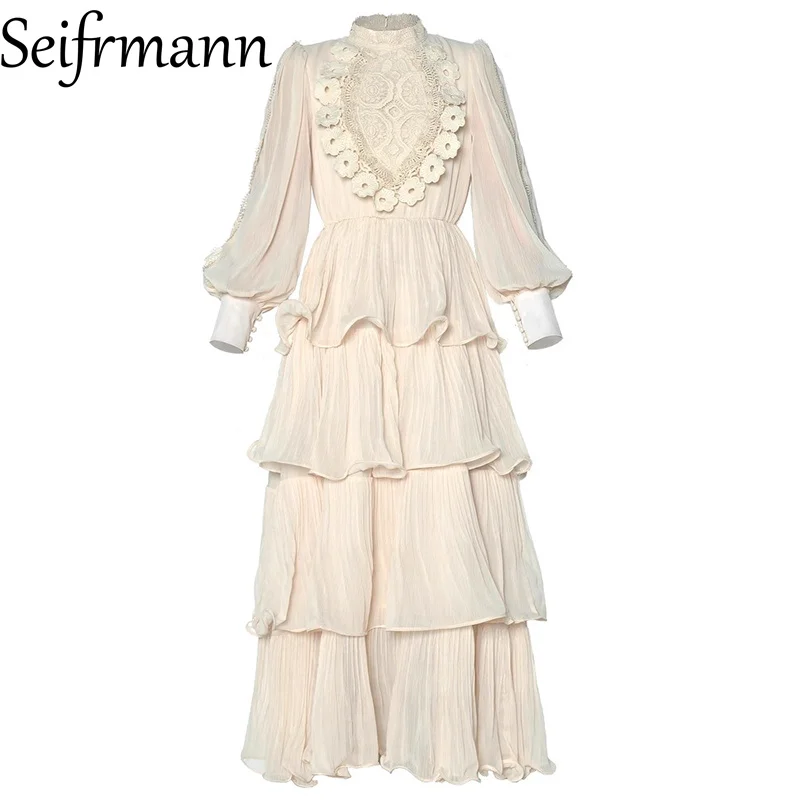 

Seifrmann 2026 Spring Women's New Fashionable Stand up Collar Lantern Long Sleeve Hollow Embroidery Waist Dress