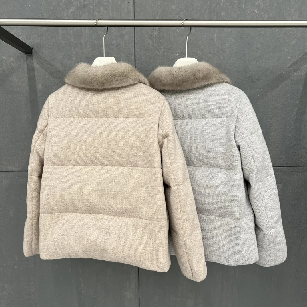 Alta qualidade 2025 inverno nova lã cashmere gola de pele de vison feminino curto engrossado branco ganso para baixo casaco de pele