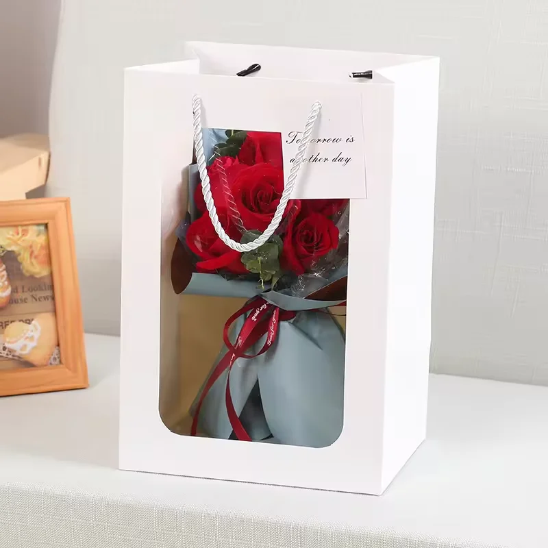 500pcs/Lot Gift Bags with Windows Doll Jewelry Paper Waterproof Flower Food Wedding Gift Packaging with Handle and Custom Logo