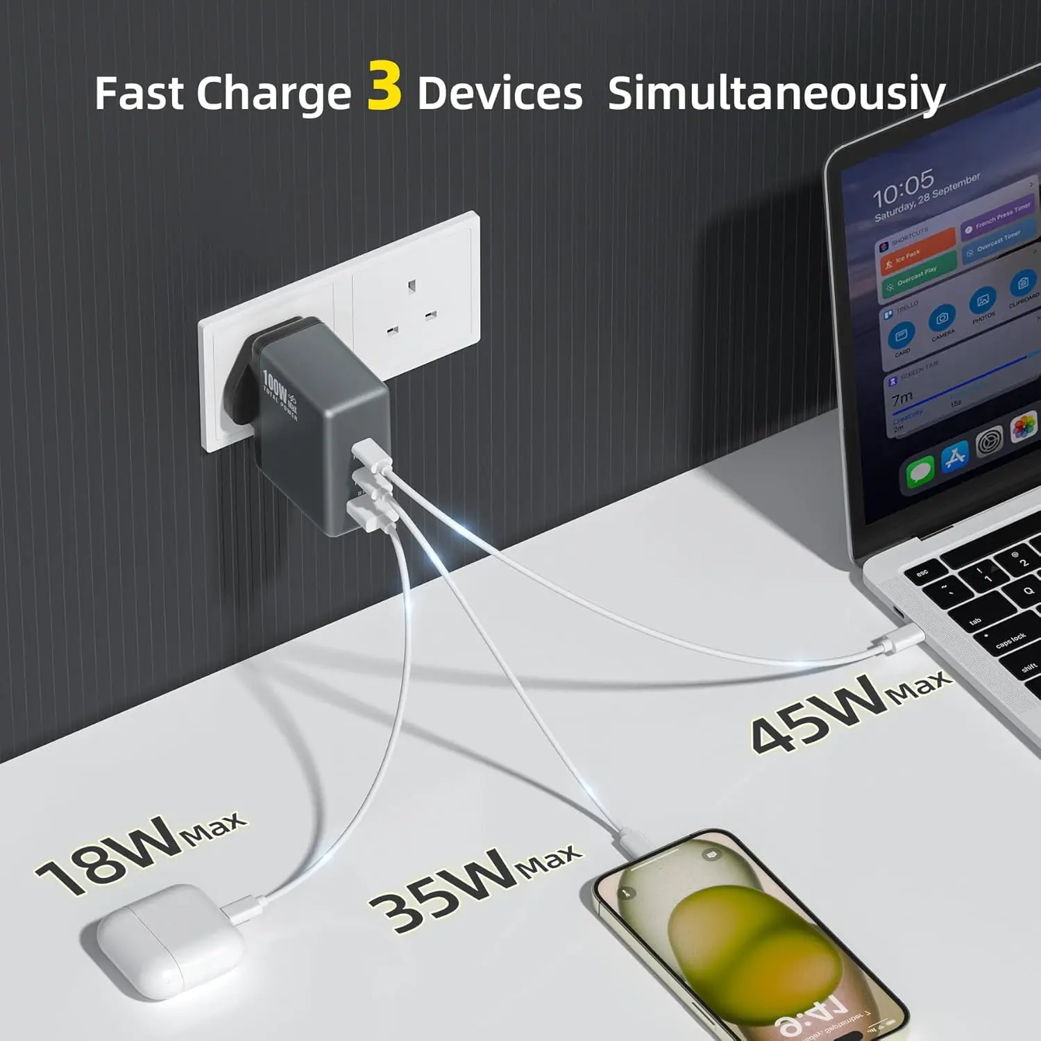 HUNDA 100W-USB-C-Charger,3-Port PPS-Charger 100-Watt-Charger PPS 45W Power-Charger-USB-C-100W Compatible with Macbook Pro iPad,i