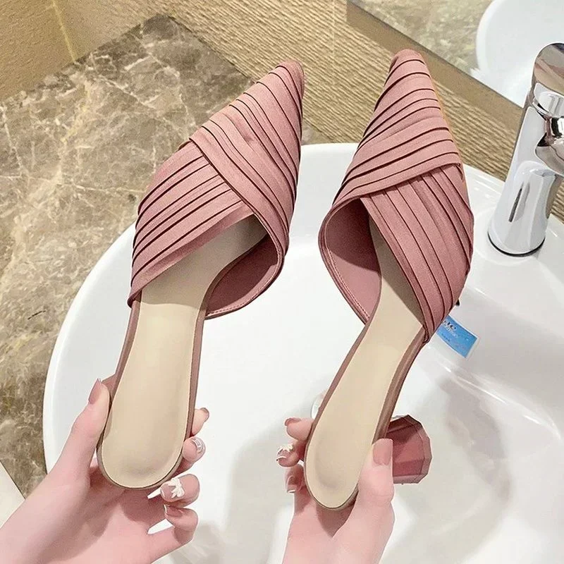 

New Fashion Womens Shoes Heels Sandals Solid High Slippers Femme Woman Pumps Closed Toe