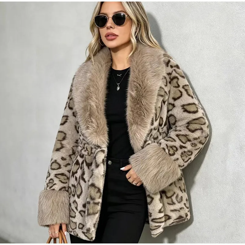 Tie Waist Faux Fur Coat Leopard Pattern Shawl Lapel Furry Cuff Splicing Long Sleeve Loose Chic Jacket 2026 Women's Fashion Coats