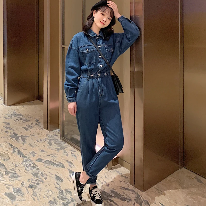 Mono vaquero coreano Sle de cintura alta para mujer, pantalones informales para estudiantes, corte holgado de fibra de poliéster