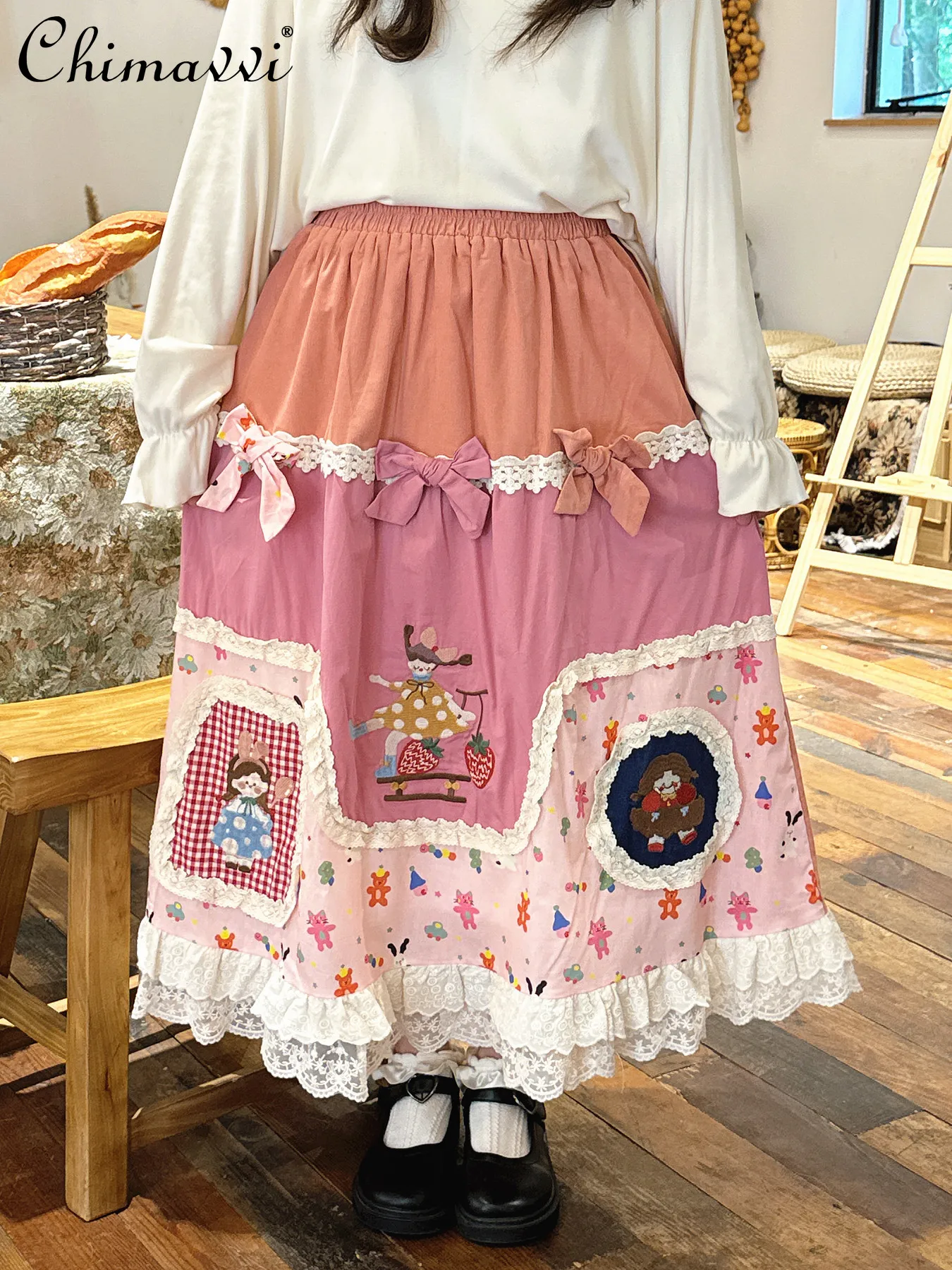 

Forest Style Retro Girl 3D Bowknot Pastoral Floral Patchwork Slim Midi Skirt Winter New Fashion High-Waisted Corduroy Long Skirt