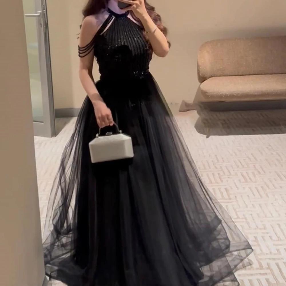 

customized Classic Tulle Halter Sleeveless Straight Bespoke Occasion Gowns Beading Pleats Crystal Floor Length Evening Dresses S