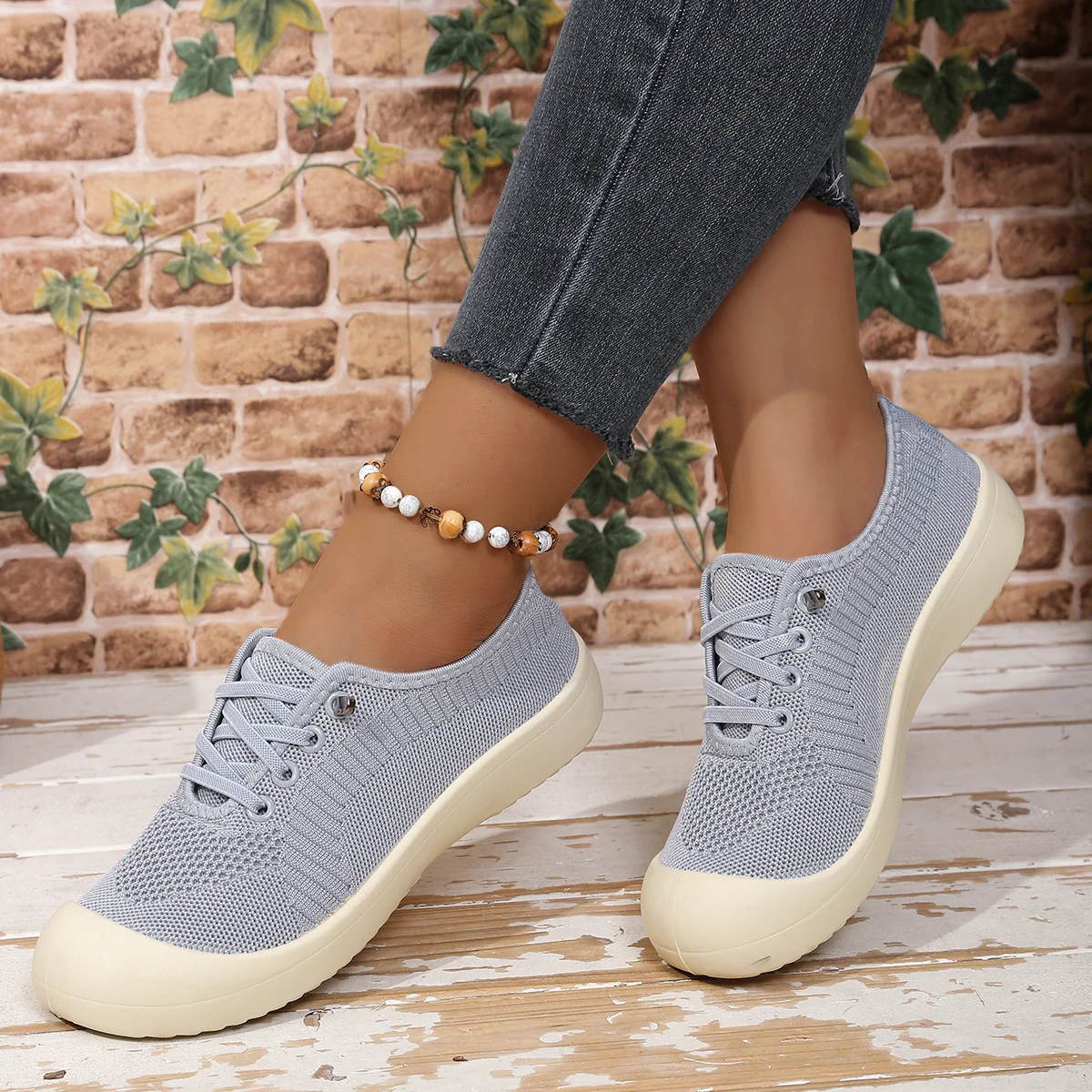 Women's Vertical Striped Hollow Mesh Lace-Up Casual Sneakers, Wrapped Rounded Cream Rubber Toe Cap, Daily Walking Footwear
