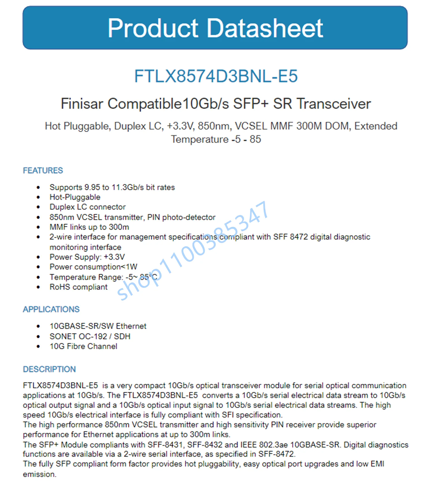 Finisar 10G FC SFP+ FTLX8574D3BNL-E5 EMC 019-078-041 850nm 10GBase-SR SFP+ Transceivers/10G optical fiber