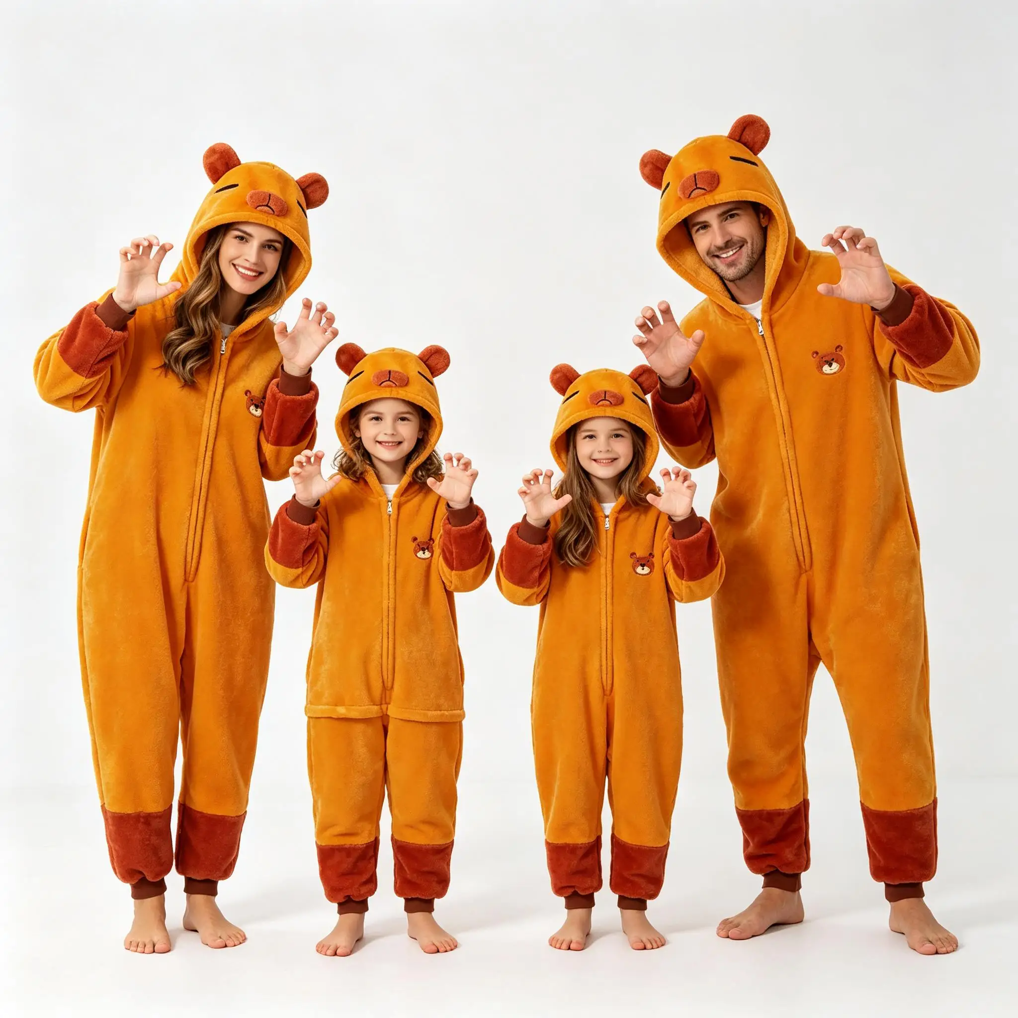 Orange Bear Family Matching Cosplay Onesie Fleece Kigurumi Hooded Jumpsuit Pajamas for Adults Kids Halloween Xmas Party Costume