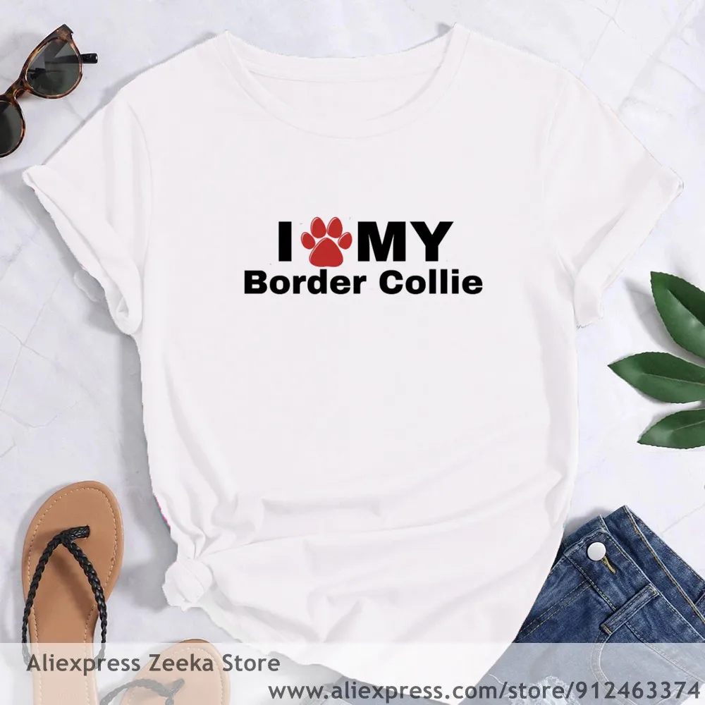 I Love my Border Collie Dog Harajuku  Women Funny Print Ladies T-shirt Girl Y2K Harajuku Basis O-collar White Shirt Short