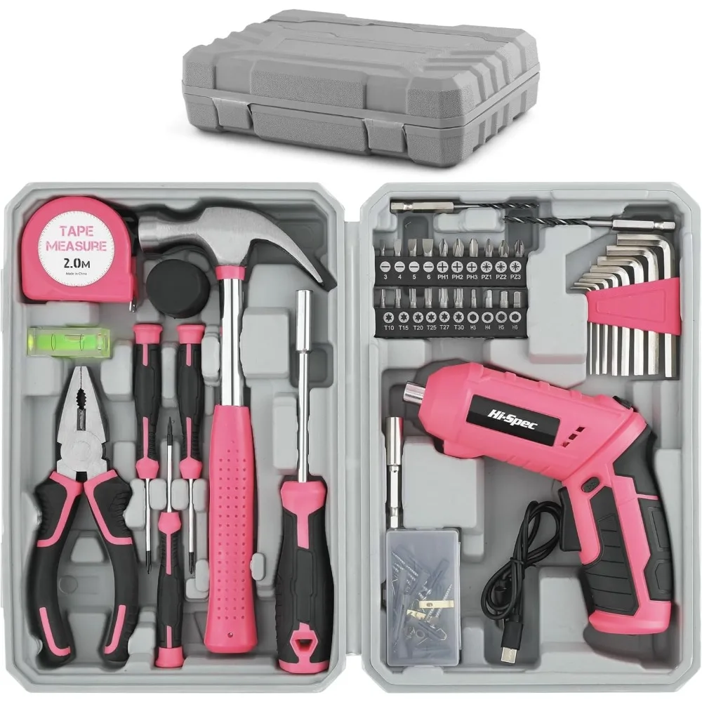 Kit de destornillador eléctrico recargable por USB, color rosa, 42 piezas, con herramientas manuales en estuche compacto