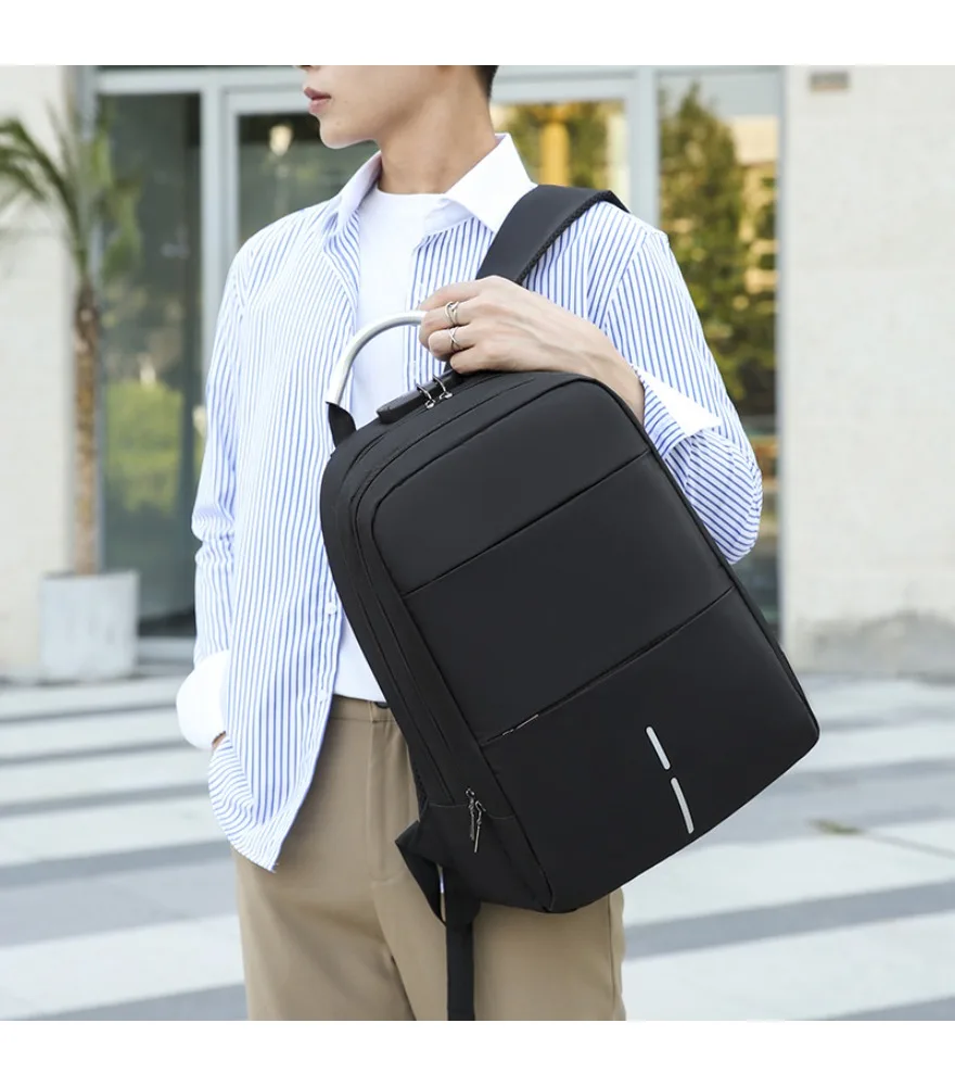 Black slim laptop backpack with metal top handle anti splash vertical stripe decor for men office commute business travel