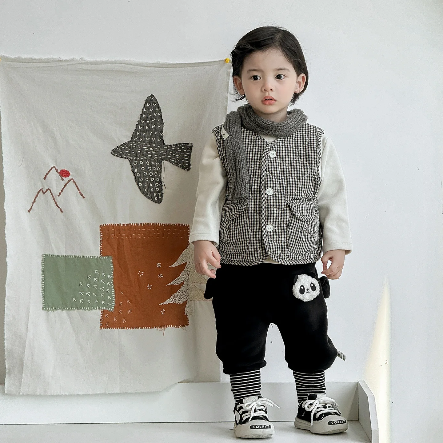 

Toddler Girls Clothes Set Winter New Plaid Thick Warm Infant Baby Girls Vest Panda Casual Printed Stripes Newborn Kid Girls Pant