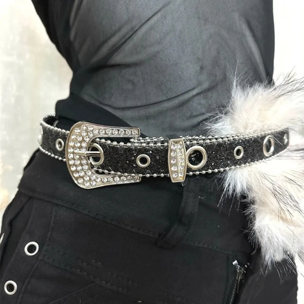 Sabuk Kulit Berhias Berlian Imitasi Gaya Punk Spicy Girl, Ikat Pinggang Berbulu Serbaguna Retro Y2K, Sabuk Pinggang Bulu untuk Dekorasi Gaun
