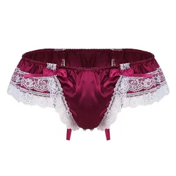 See-Through Men Lace Briefs Underwear Sissy Penis Big Pouch Panties Sexy Satin G-String Thong Exposed Butt Underpants Gay Thong