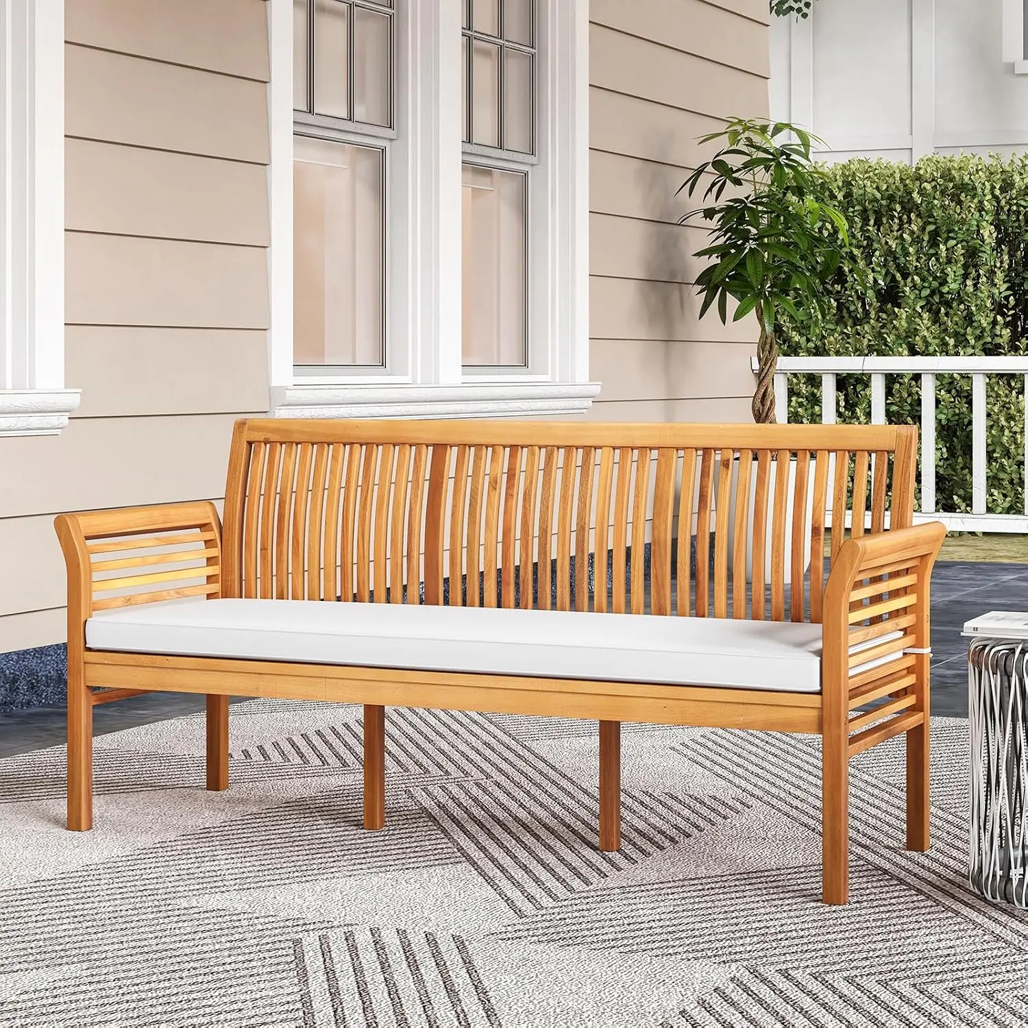 Outdoor Bench Acacia Wood 3-Person w/Backrest Armrests Removable Cushion Slatted Garden Bench Porch Park 1200 LBS, Customized