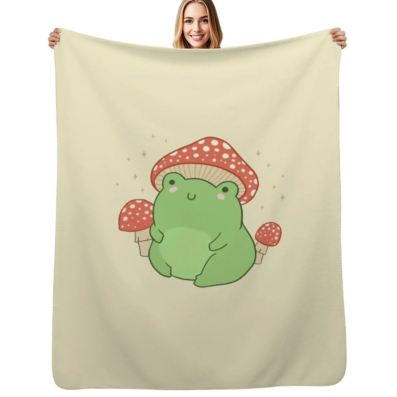 

Kawaii Frog with Mushroom Hat and Toadstools - Cottagecore Aesthetic Froggy - Chubby Amanita Muscaria Forest Theme Throw Blanket