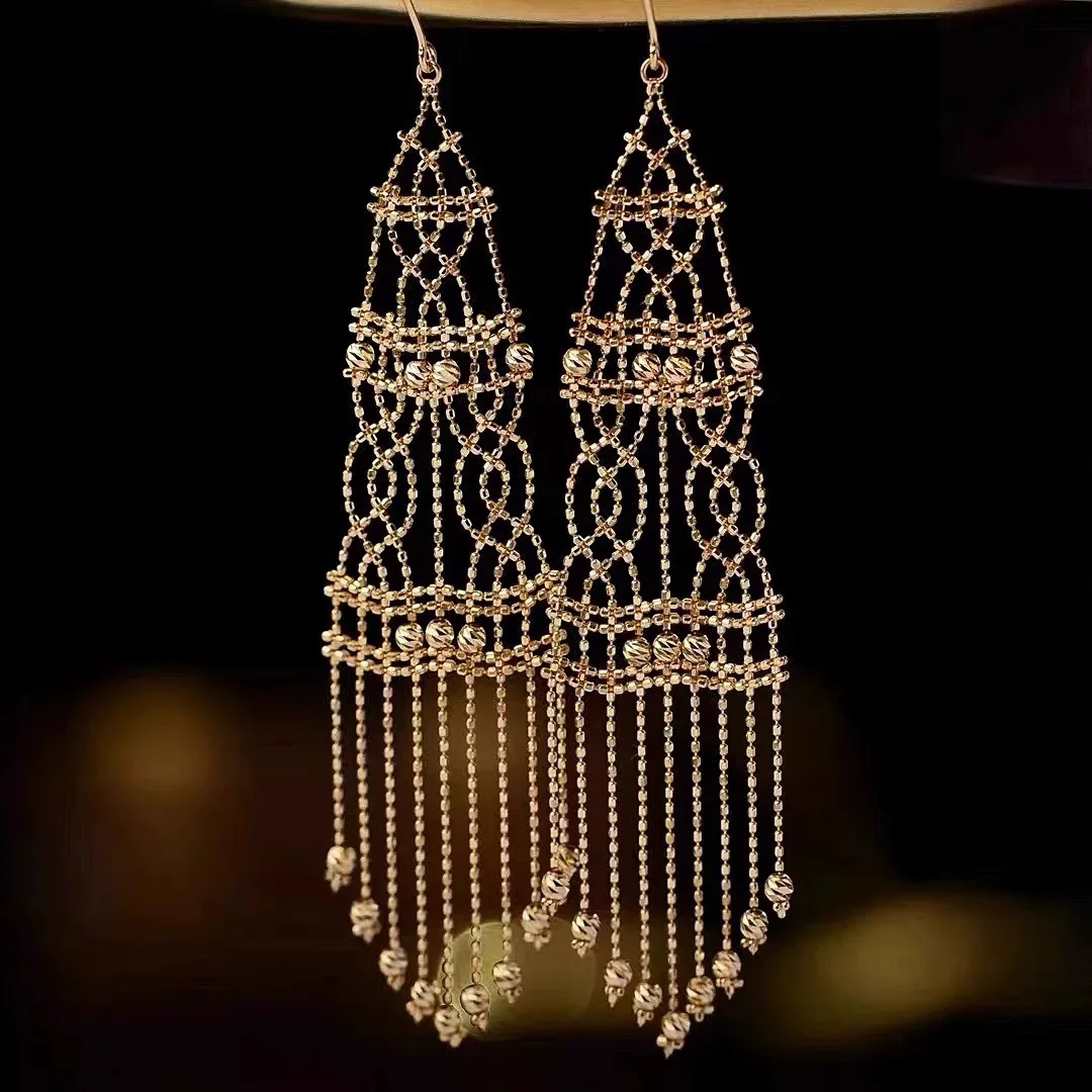 

Vintage Fashion 14K Gold Filled Hollow Lace Tassel Ear Hook Knitted Bead Drop Dangle Statement Earring Weaved Non-fade Jewelry