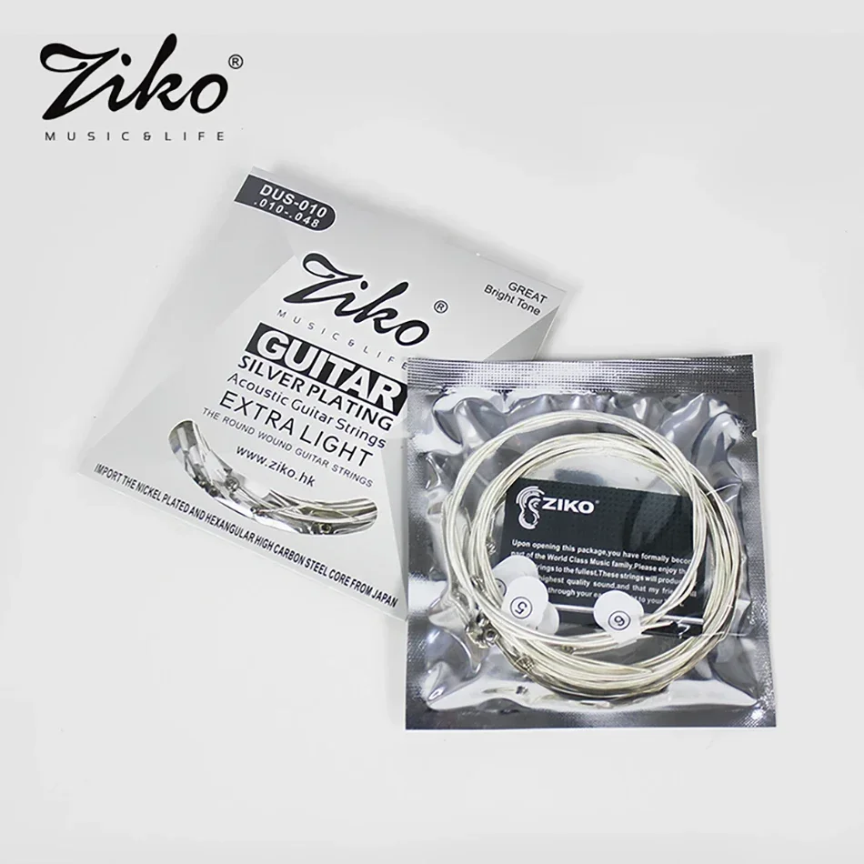 Ziko DUS Series 1 Set of Acoustic Guitar Strings Hexagonal Core Silver Plating Winding 010-048/011-050/012-053 Inch