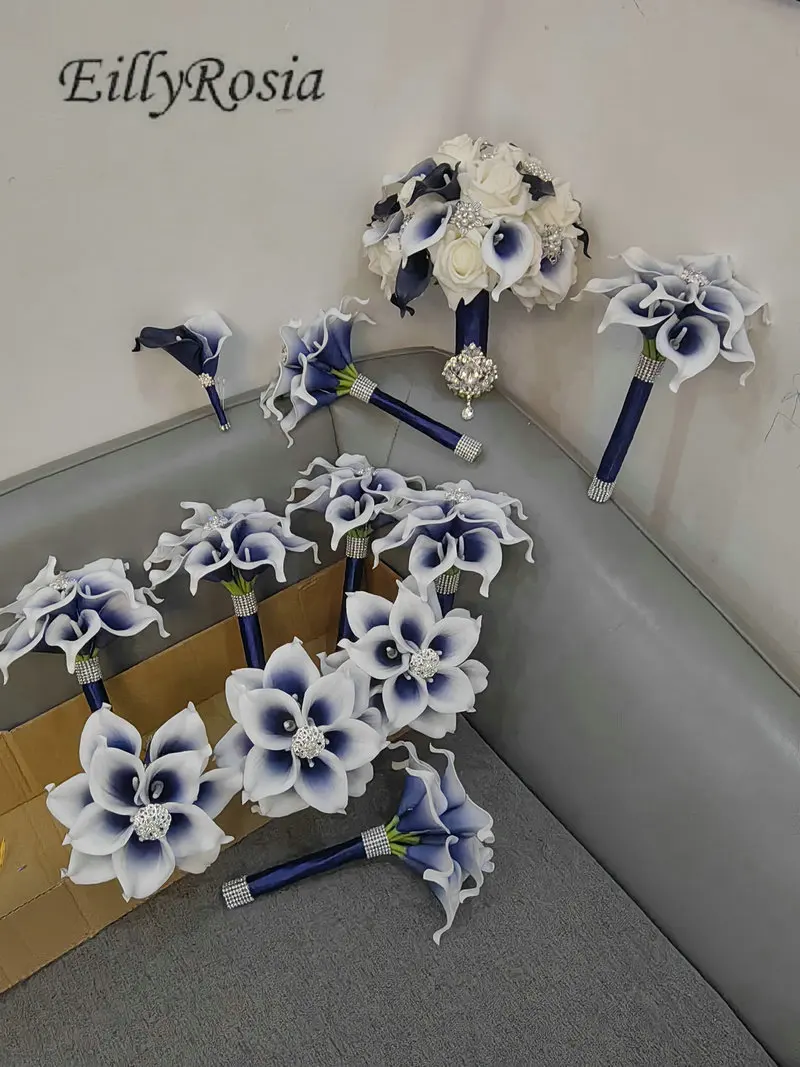EillyRosia الأزرق الداكن الصلبة زنبق الكالا باقة الزفاف التصميم الأصلي بروش باقة لوصيفة الشرف عقد الزهور مخصص #4