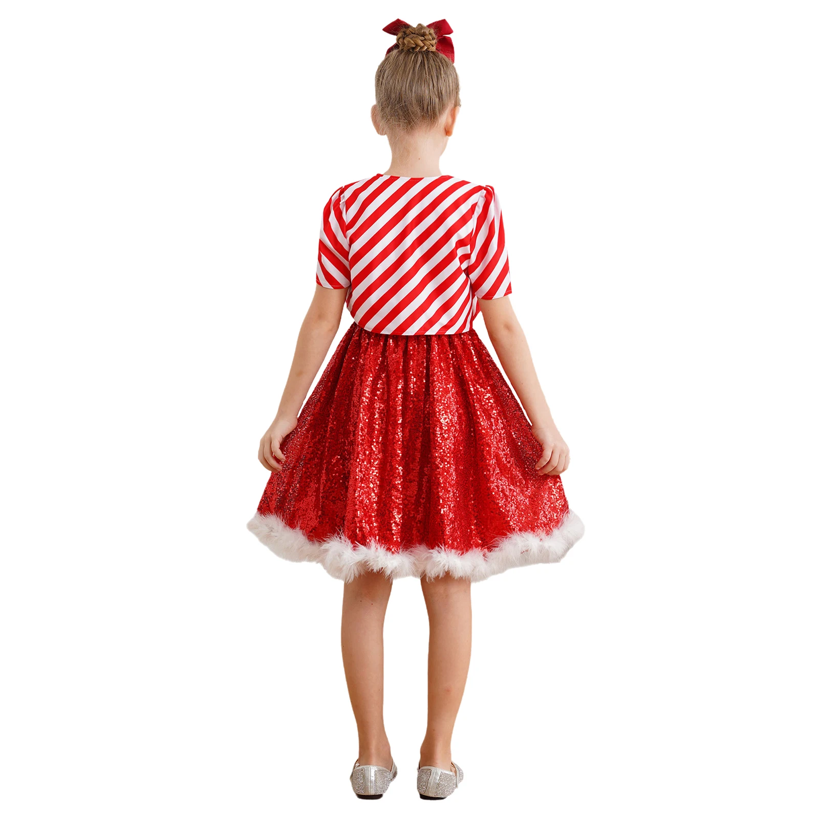 Bambini Ragazze 2 pezzi Vestito da ballo di Natale Paillettes Abito da elfo di Natale con gilet aperto sul davanti a righe Set Costume da Babbo Natale con bastoncino di zucchero