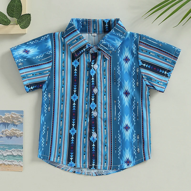 Baby Boy Western Summer Clothes Short Sleeve Aztec Cow Print Shirt Button Down Lapel Top Baby Country Cowboy Shirt