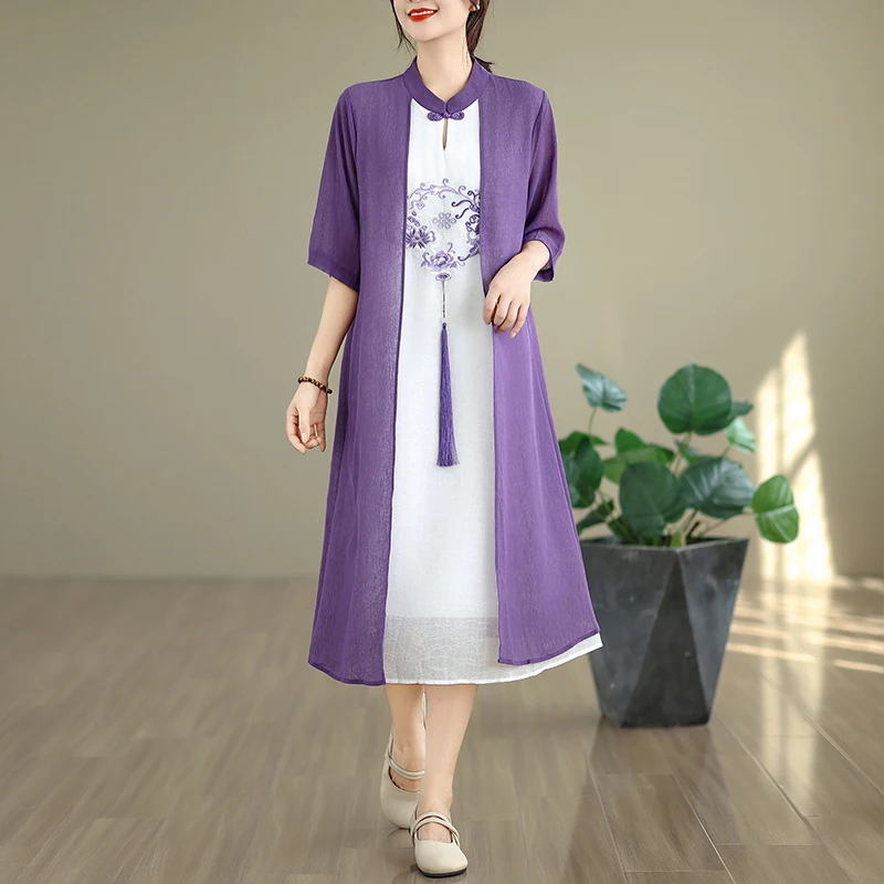 กระโปรงสไตล์จีนใหม่ ปักลายสลิมฟิต ปิดหน้าท้อง ผ้าบางเบา สำหรับผู้หญิง ฤดูร้อน ลายชาติพันธุ์