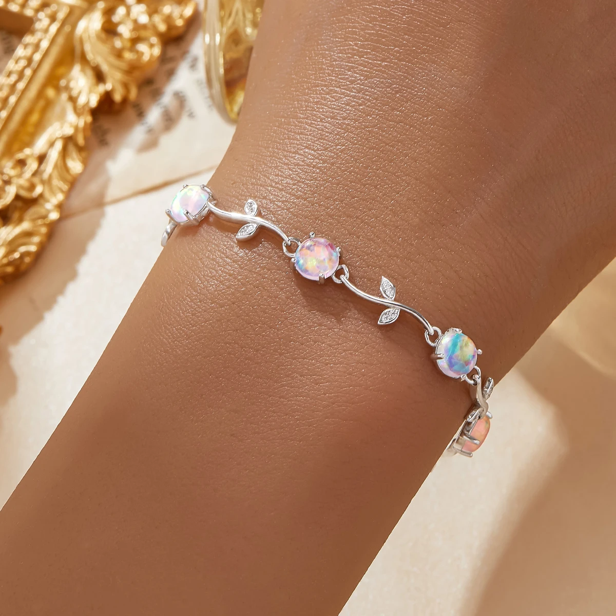 Color Change Round Opal Flower Bracelet October Birthstone Lab Created Opal 925 Sterling Silver Bracelet Gift 6410038