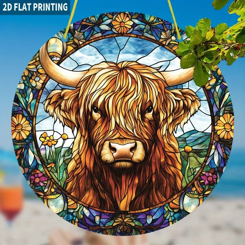 2D Flat, 1pc Highland Cow Sun Catcher - 19.99cm Round Stained Glass Style Acrylic Window Hanging, Rustic Farmhouse Decor with Vi