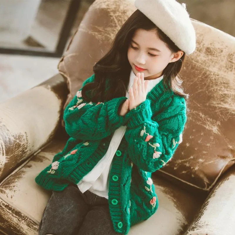 2022 Spring Autumn Girls Fashion Flower Sweaters Baby Kids Children Knitting Cardigan Three Colors