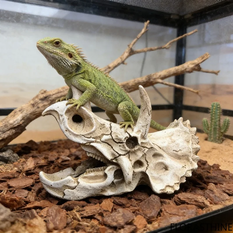 Reptile Resin Simulation Skull Hideout, Triceratops Dinosaur Fossil Decor, Terrarium Basking Platform Cave for Lizards Geckos