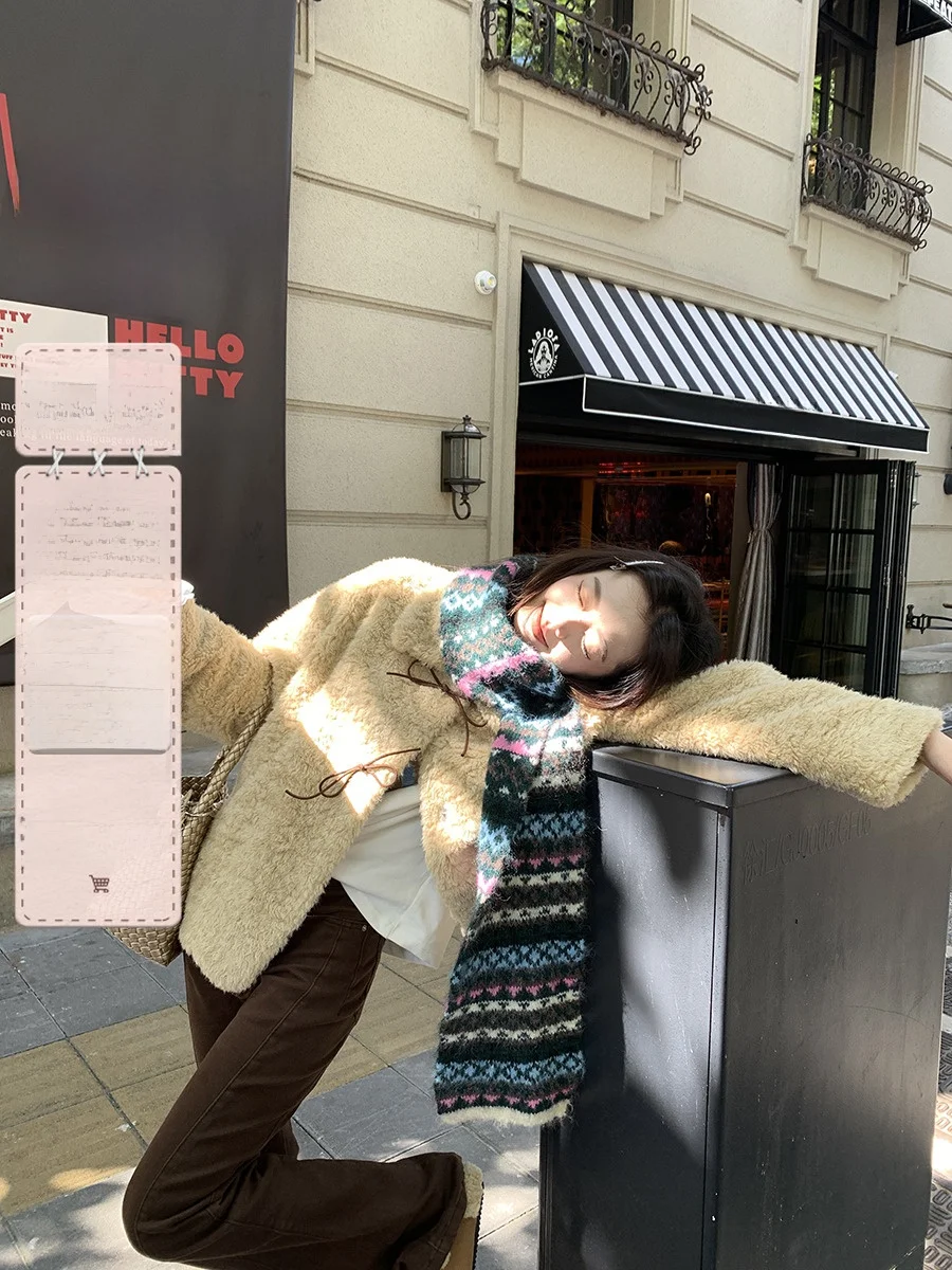 

Thi Lamb Fur Jaet Women's Winter Korean Sle Warm Lazy Sweet Stand Collar Knot Fluffy Outerwear Casual Loose Fit