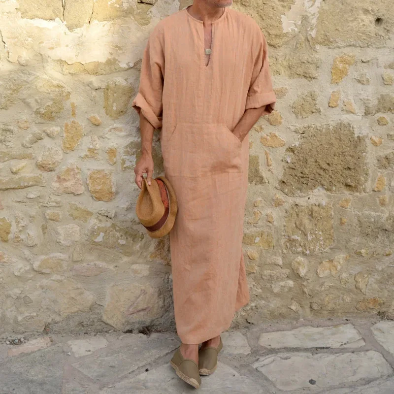 

2025 New Autumn Winter Men's Long-Sleeve Linen Cotton Oversized T-Shirt Middle East Style Fashion Hot Sale