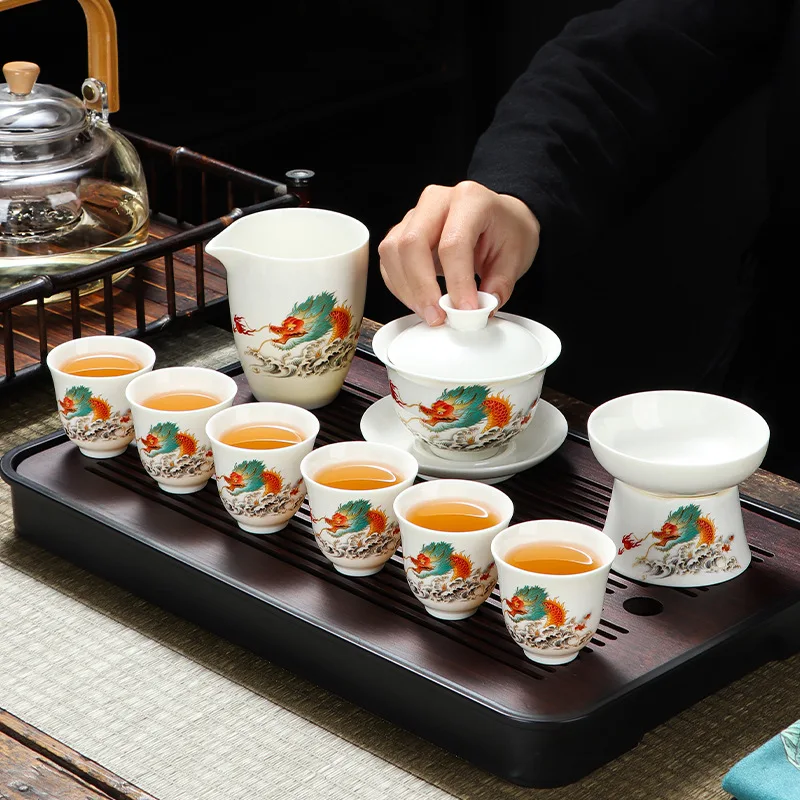 

Chinese traditional tea set travel kung fu tea set porcelain tea cup set gaiwan Chinese tea set Mutton fat jade tea set