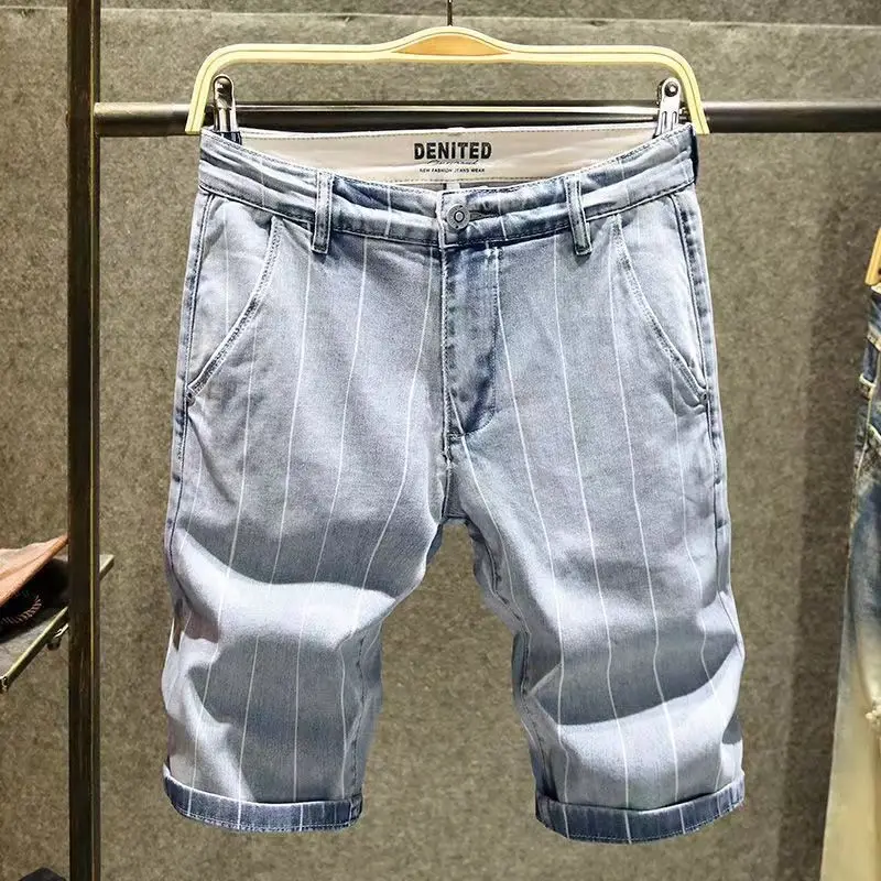 Men\'s Short Jeans Pants Spliced Straight Gray Selvedge Male Denim Shorts Graphic Korean Fashion Buttons With Vintage Jorts