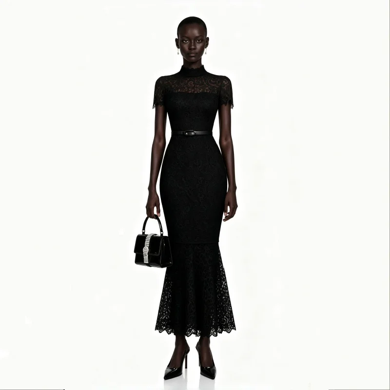 Elegant White Hollow Out Lace Mermaid Midi Gown Stand Collar Short Sleeve Bodycon Fitted Dress Chic Simple Formal Midi Dress