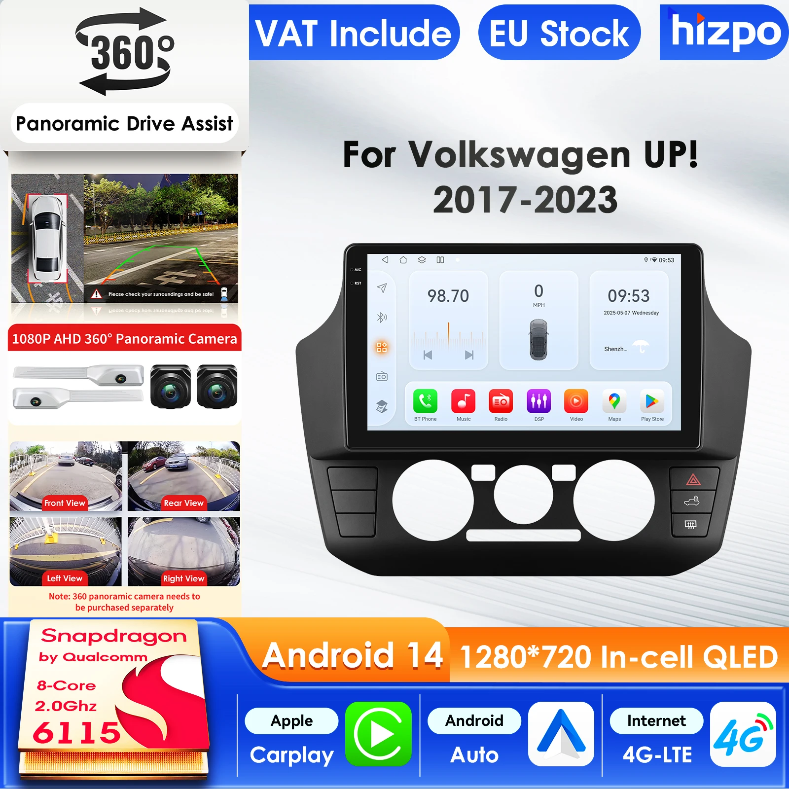 Hizpo 2Din Lecteur Multimédia Android 14 pour Volkswagen UP 2017-2023 GPS Carplay Écran Intelligent 4G AI Autoradio Caméra 360° Écran Intelligent de Voiture 9 Pouces Affichage QLED Unité Centrale Automobile Navigation 5G WIFI DSP Split ADAS USB DVR SWC FM AM RDS Caméra