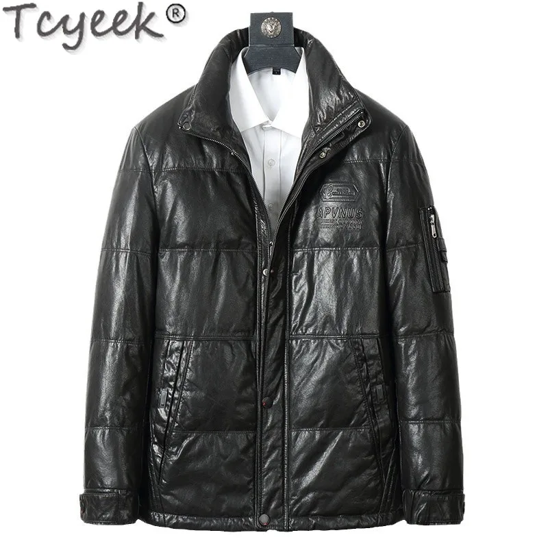 Tcyeek, chaqueta De cuero genuino para hombre, abrigo De piel De vaca con cera De aceite, chaquetas De invierno, abrigo cálido De plumas De ganso, ropa para hombre, chaqueta De cuero 2024