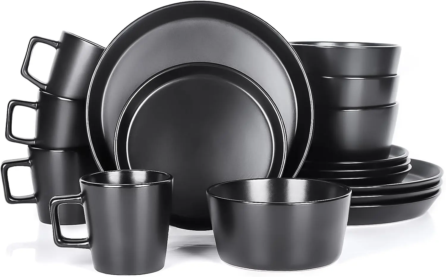 

16-Piece Dinnerware Set, Service for 4, Black Stoneware Plates and Bowls