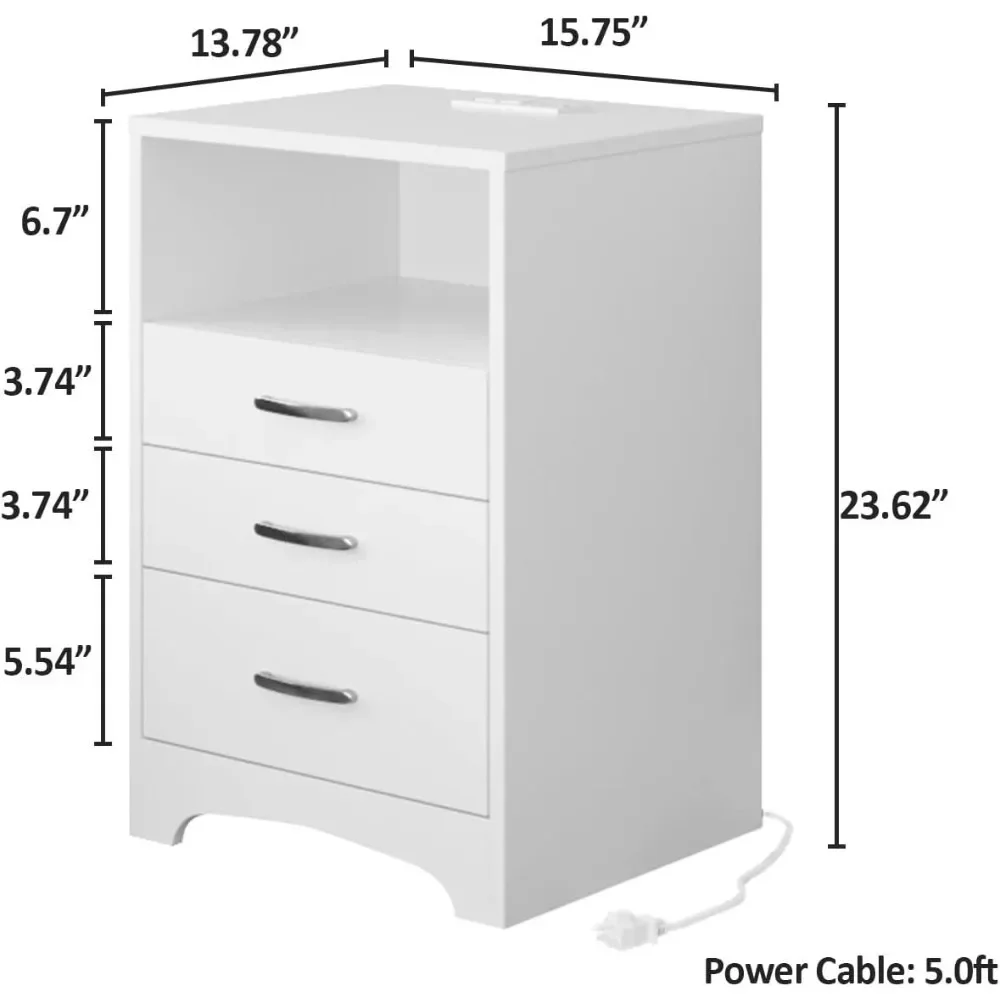 Nightstand สีขาวกับสถานีชาร์จ, โต๊ะข้างทันสมัยทันสมัย3ลิ้นชัก, ตู้ลิ้นชักไม้ยืนข้างเตียงสำหรับ