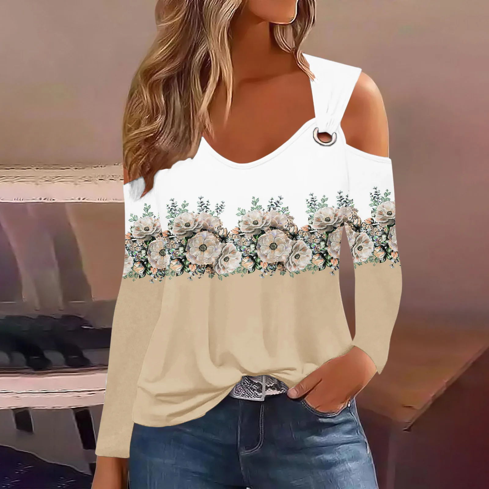 2024 Jesienna koszulka z długim rękawem dla kobiet Casual Hollow Out Tshirt Woman Tops Floral Print Sexy Off Shoulder T Shirt Top Femme