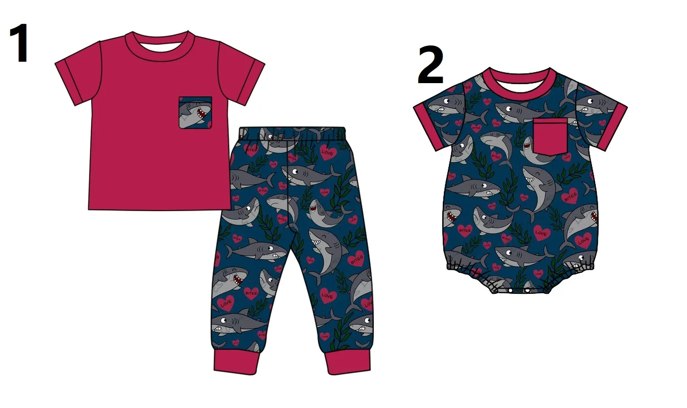 Submarine series cute shark print boy short sleeve pants suit baby onesie brothers boutique wholesale