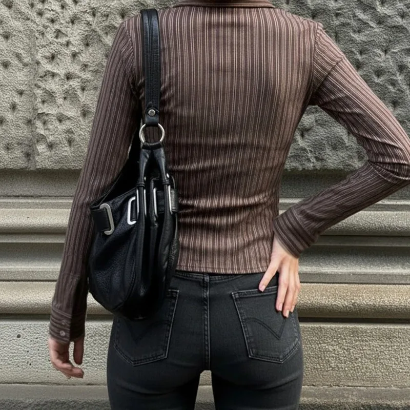 Amerykańska seksowna bluzka w paski z długim rękawem, podkreślająca talię, w stylu vintage, brązowa, z dekoltem w serek, Y2k, streetwear, topy, jesienna odzież codzienna do biura.