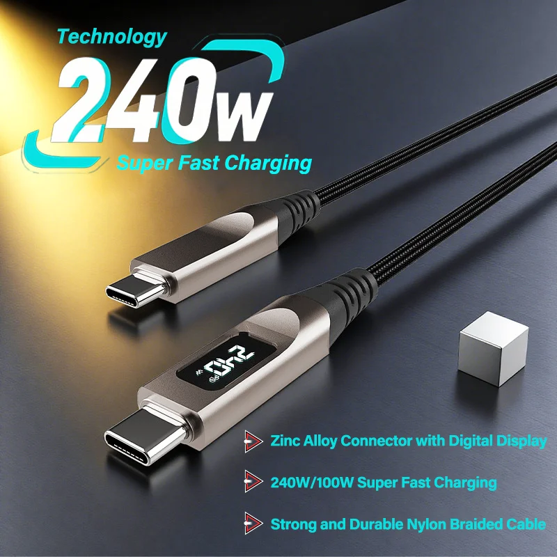 240W Digital Display E-marker Chip Zinc Alloy 5A USB C to Type C Fast Charging Cable for iPhone 15 16 17 Pro Max Xiaomi Samsung
