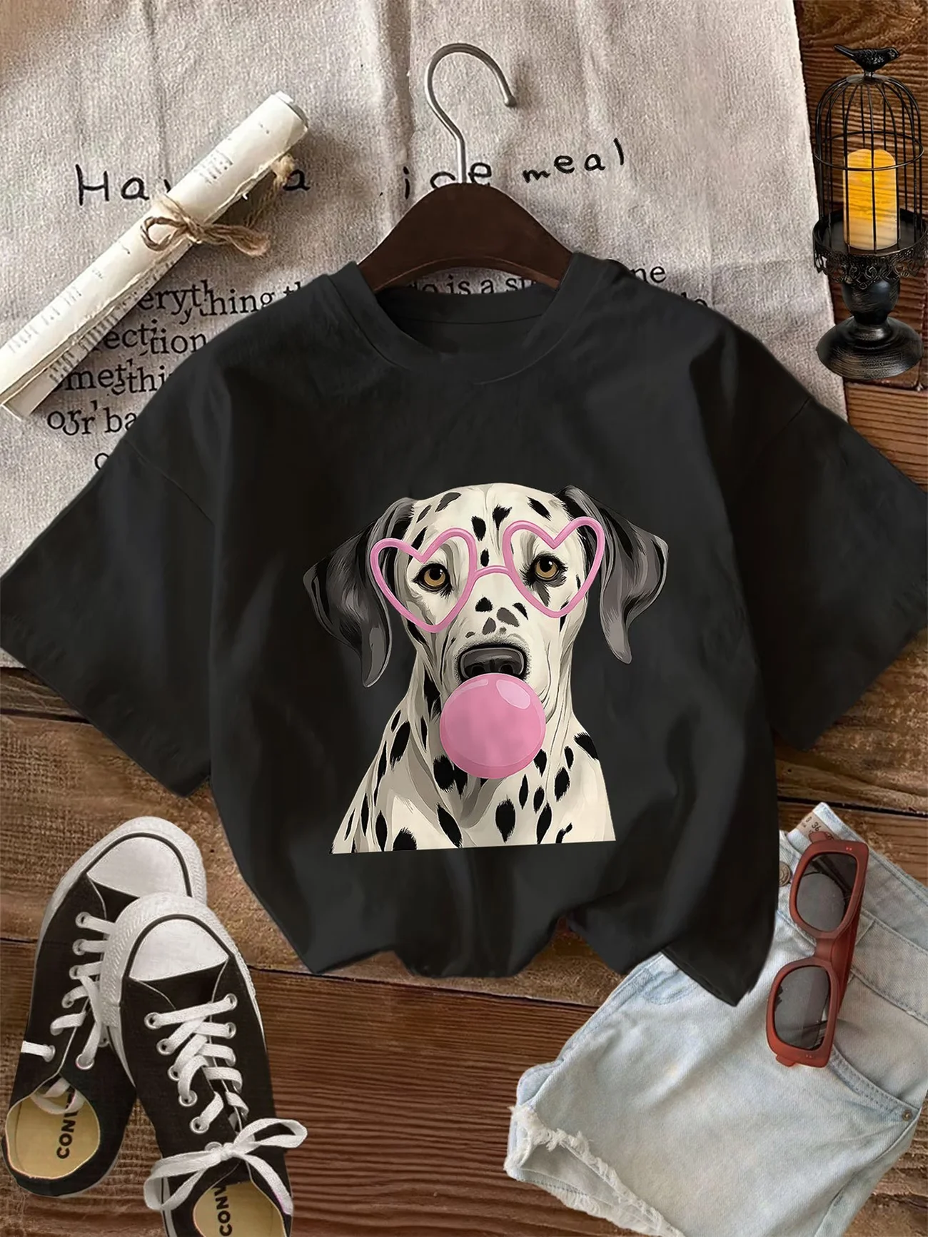 Funny Dalmatian Dog Graphic T-Shirt Cute Pink Bubble Gum Heart Glasses Tee Summer Harajuku Tops Women Men